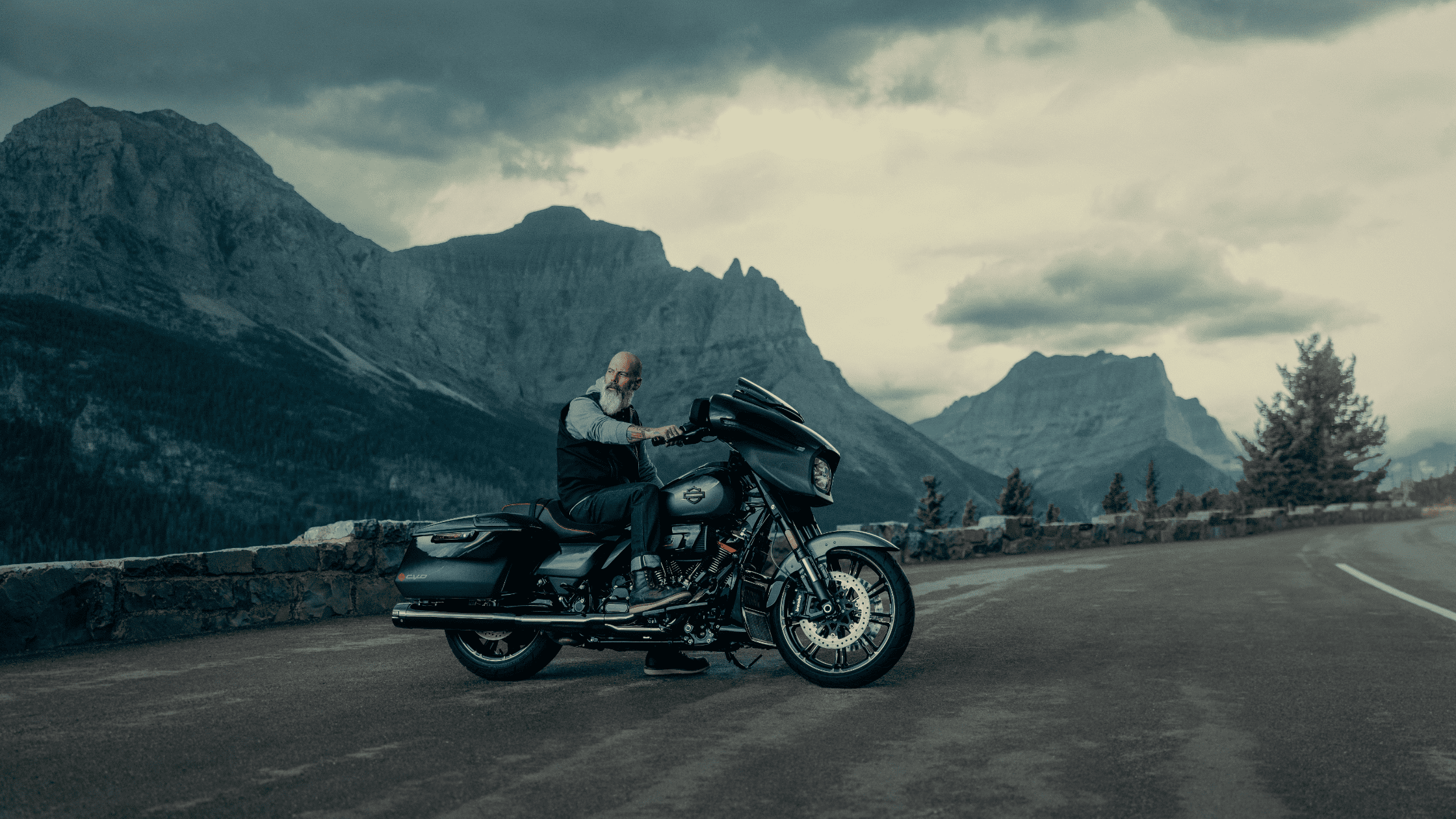 2025 Harley-Davidson® Street Glide® with rider against mountain backdrop near Friendswood, TX, designed for touring style.